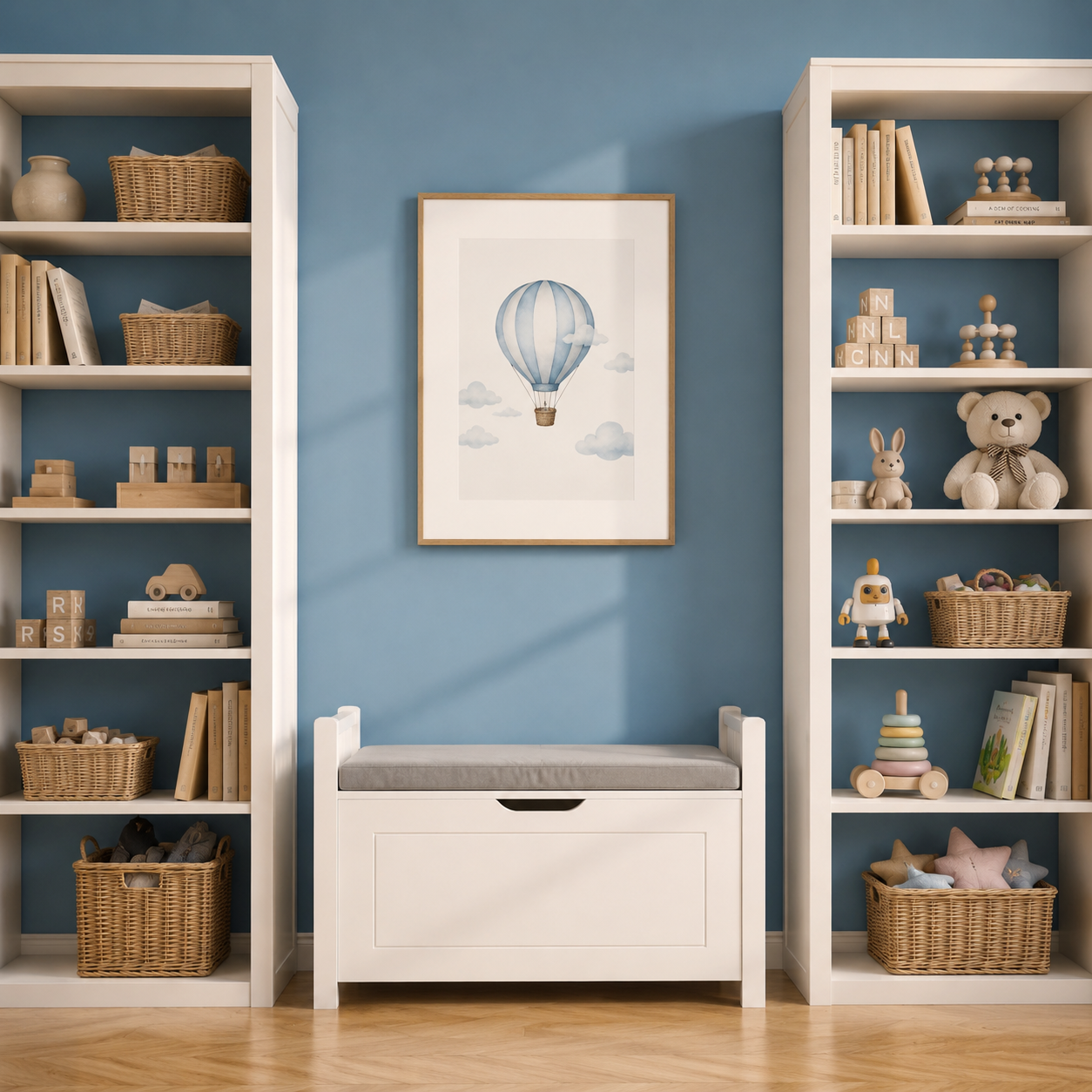 Toy Box with Cushioned Bench Seat & Safety Lid | White MDF Children's Storage Chest with Side Handles | Nursery Playroom Organizer